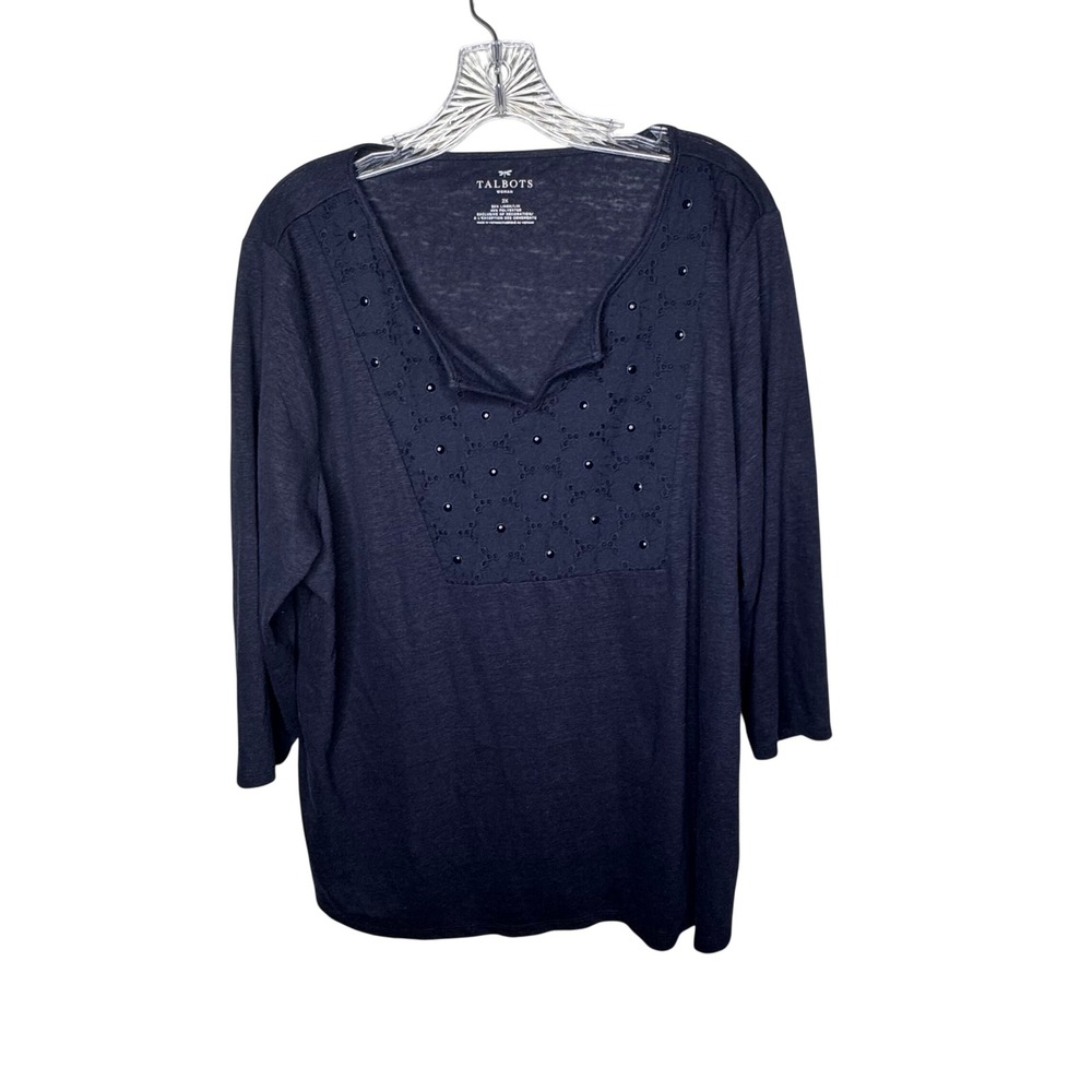 Talbots Woman 2X Navy Blue Linen Blend 3/4 Sleeve V-Neck‎ Top Embellished
